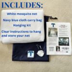 Image shows what's included with a Tedderfield mosquito net, the net, a navy blue cloth carry bag, the hanging kit and complete instructions.